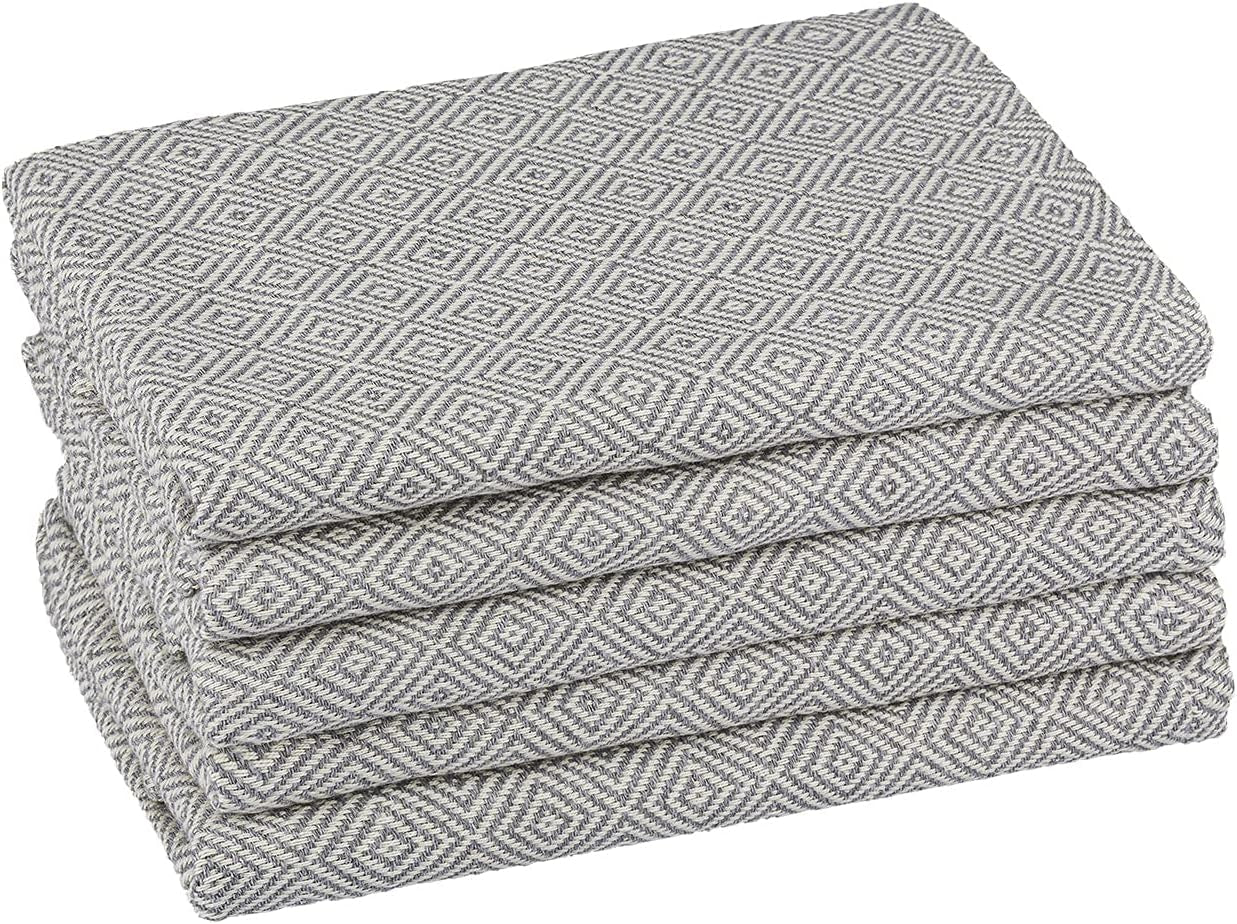 Turkish Hand Towels Grey | 5-Pack Bulk Cotton Kitchen Dish Towels for Drying Dishes | Absorbent Dishcloths for Kitchen | Tea Towels for Kitchen | Bar Rags | Bar Towels | Diamond Pattern