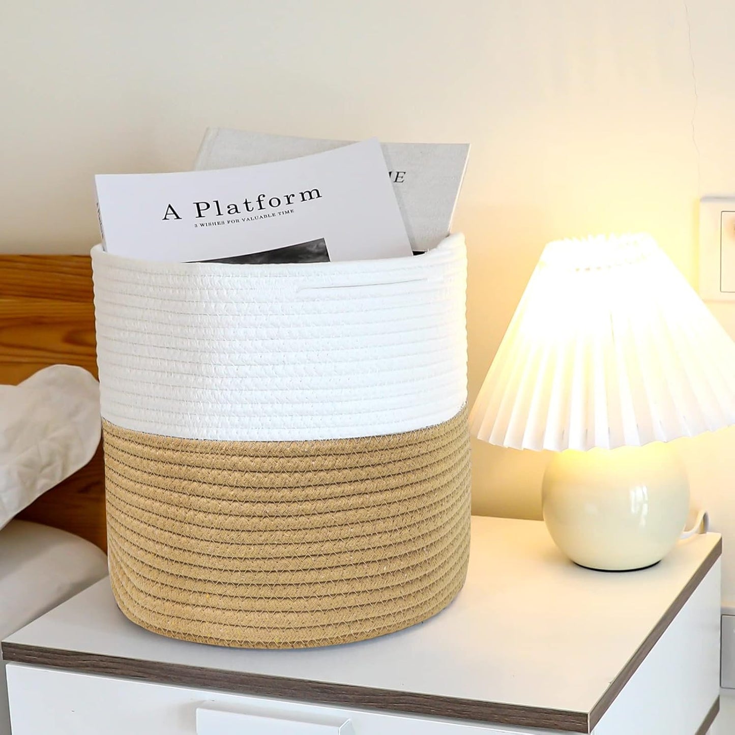Storage Baskets Bins, 3 Packs Woven Cube Storage Bins for Toys 11X11 Inch, Cotton Rope Baskets Organizing Nursery,Laundry,Clothes,Cosmetics,Books (Jute/White)