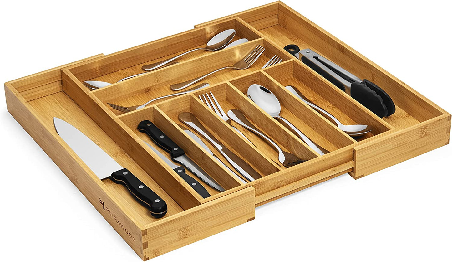 Bamboo Drawer Organizer - Expandable Silverware Organizer & Utensil Drawer Organizer, Cutlery Tray with Dividers, 7-9 Slots- Premium Kitchen Drawer Organizer for Utensils & Flatware (Natural)