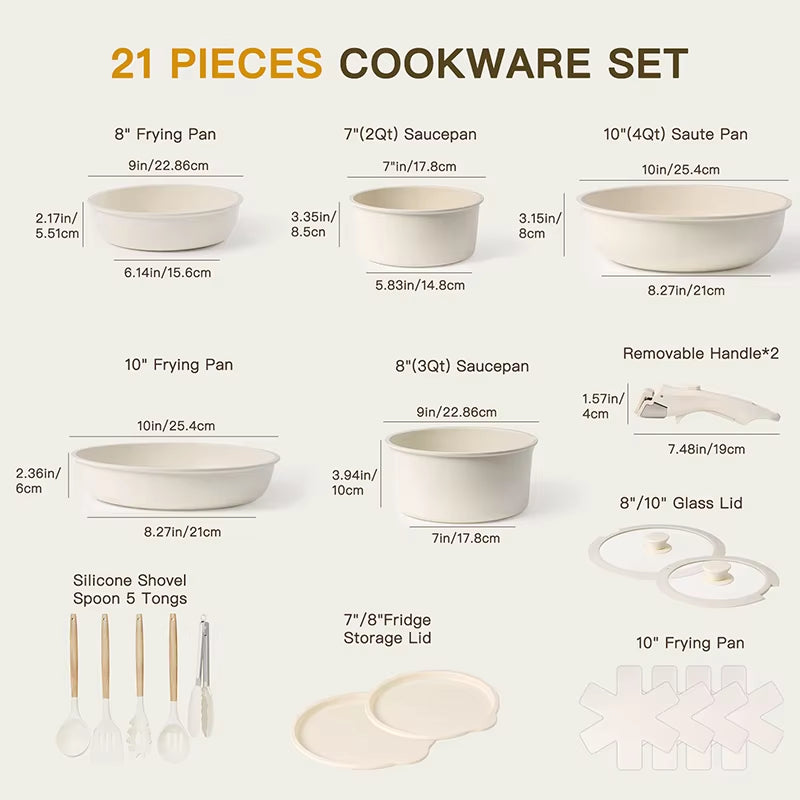 21 Piece Pots and Pans Set Non-Stick, Ceramic Cookware Set with Sensor Handles, Milky White