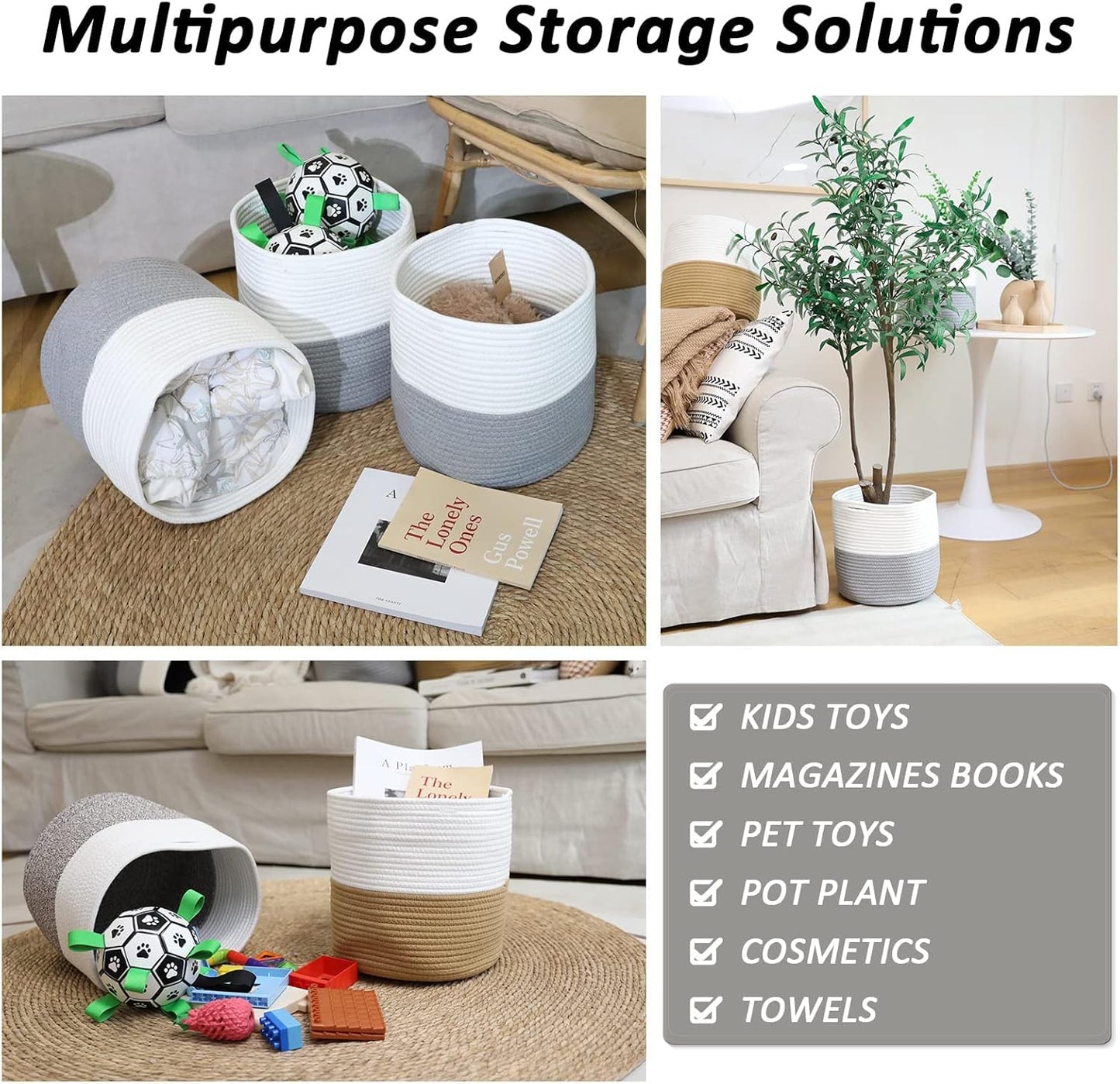 Storage Baskets Bins, 3 Packs Woven Cube Storage Bins for Toys 11X11 Inch, Cotton Rope Baskets Organizing Nursery,Laundry,Clothes,Cosmetics,Books (Jute/White)