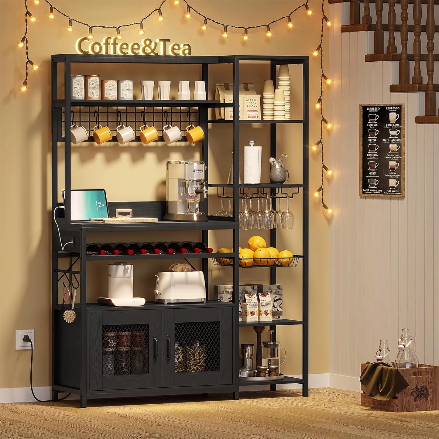 Bakers Rack Microwave Stand Coffee Bar with Power Outlet&Storage Shelf&Cabinet&Hooks for Kitchen Living Room,Black