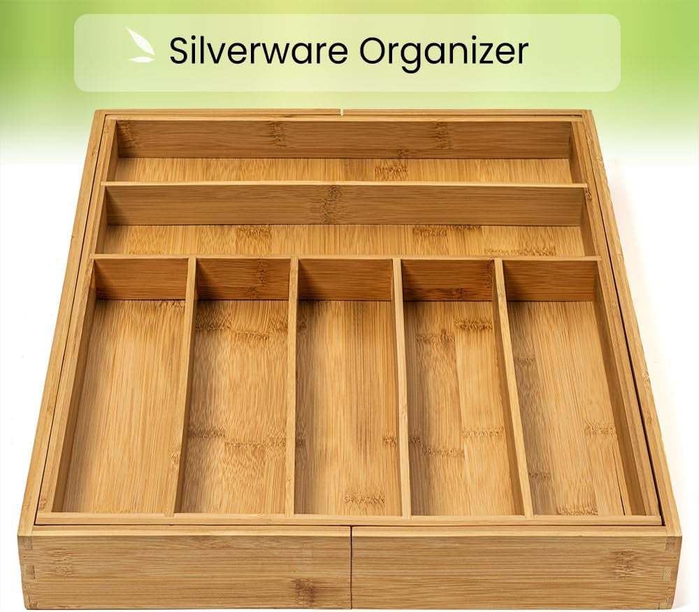 Bamboo Drawer Organizer - Expandable Silverware Organizer & Utensil Drawer Organizer, Cutlery Tray with Dividers, 7-9 Slots- Premium Kitchen Drawer Organizer for Utensils & Flatware (Natural)