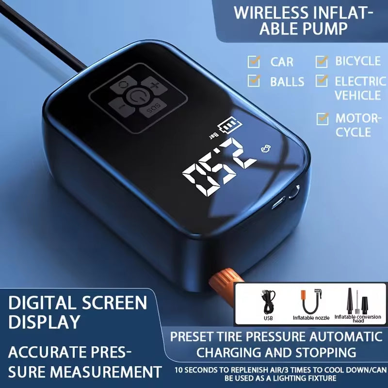 Wireless Car Air Compressor - Electric Tire Inflator Pump for Motorcycles, Bicycles, Boats, and Inflatable Balls