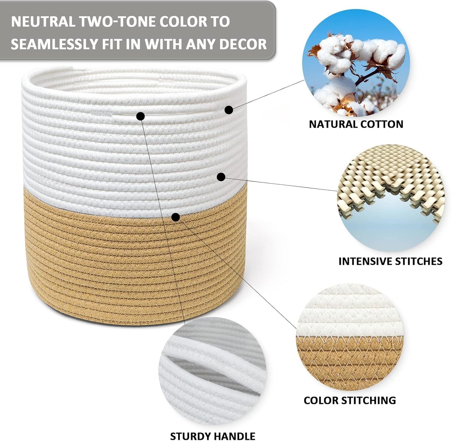Storage Baskets Bins, 3 Packs Woven Cube Storage Bins for Toys 11X11 Inch, Cotton Rope Baskets Organizing Nursery,Laundry,Clothes,Cosmetics,Books (Jute/White)