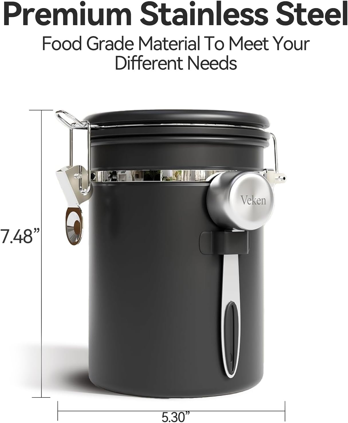 Coffee Canister with Window, Airtight Stainless Steel Kitchen Food Storage Container, Date Tracker and Scoop for Grounds Coffee Bar Accessories, Beans, Tea, Sugar, Flour, Cereal, 22OZ, Black