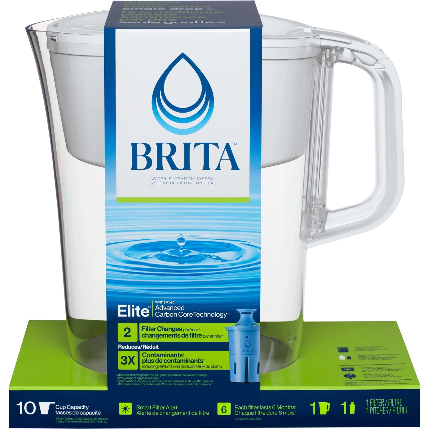 Large 10 Cup White Tahoe Water Filter Pitcher with 1 Elite Filter