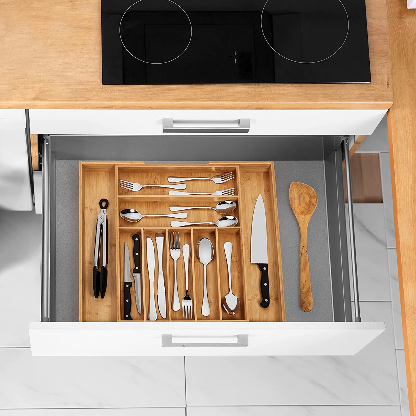 Bamboo Drawer Organizer - Expandable Silverware Organizer & Utensil Drawer Organizer, Cutlery Tray with Dividers, 7-9 Slots- Premium Kitchen Drawer Organizer for Utensils & Flatware (Natural)