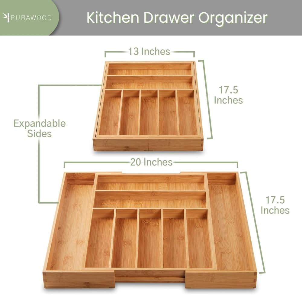 Bamboo Drawer Organizer - Expandable Silverware Organizer & Utensil Drawer Organizer, Cutlery Tray with Dividers, 7-9 Slots- Premium Kitchen Drawer Organizer for Utensils & Flatware (Natural)