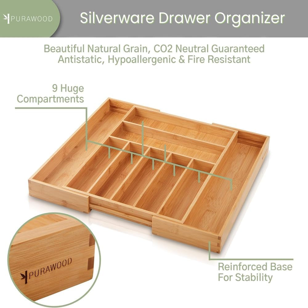 Bamboo Drawer Organizer - Expandable Silverware Organizer & Utensil Drawer Organizer, Cutlery Tray with Dividers, 7-9 Slots- Premium Kitchen Drawer Organizer for Utensils & Flatware (Natural)