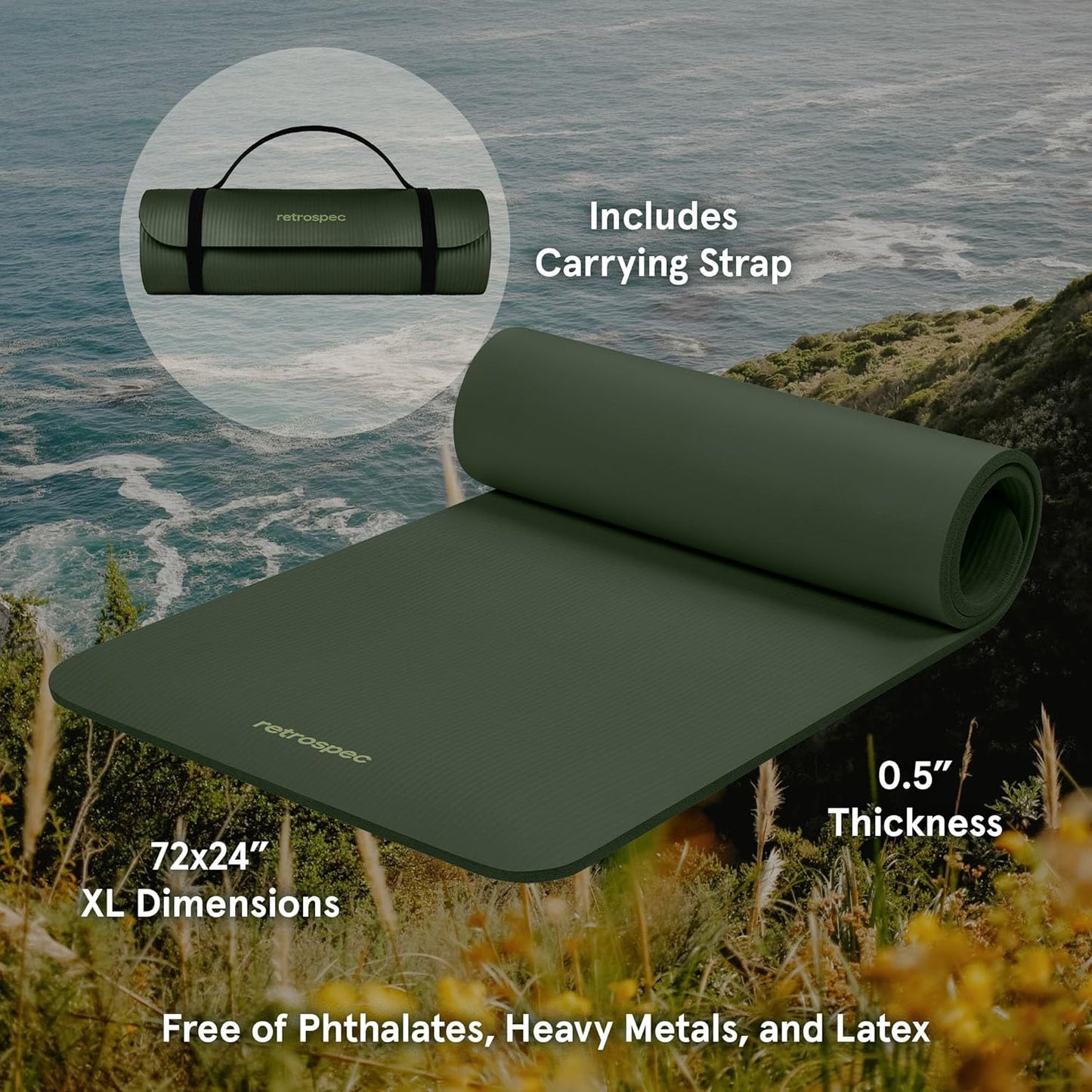 Solana 1/2" Thick Non-Slip Yoga Mat with Nylon Strap for Men and Women - Ideal for Yoga, Pilates, Stretching, and Fitness Workouts