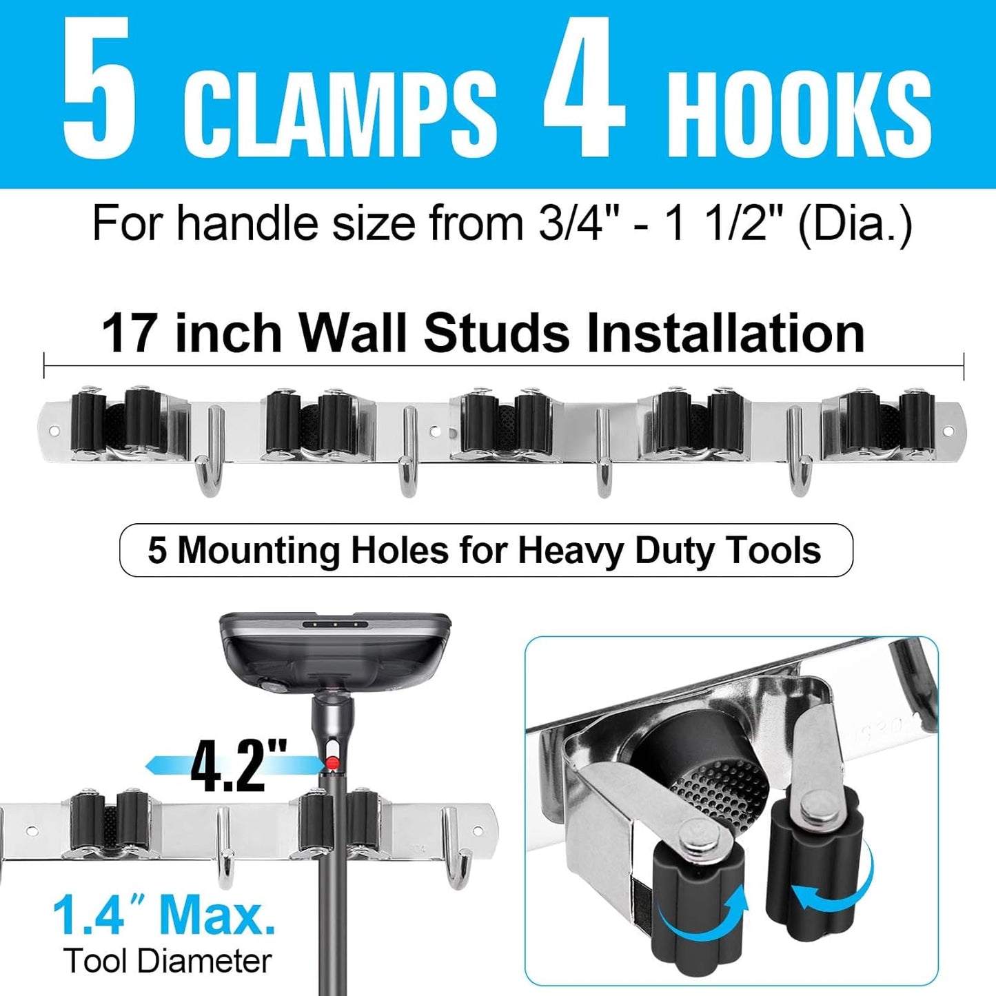 Heavy Duty Metal Mop and Broom Holder, Rust Proof, 5 Racks, 4 Hooks, Sturdy Stainless Steel, Space Saving, Easy Installation, Multi-Functional, After-Sale Service