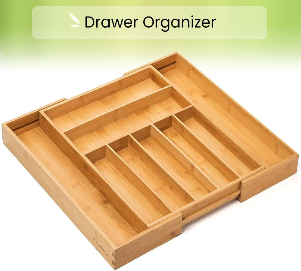 Bamboo Drawer Organizer - Expandable Silverware Organizer & Utensil Drawer Organizer, Cutlery Tray with Dividers, 7-9 Slots- Premium Kitchen Drawer Organizer for Utensils & Flatware (Natural)