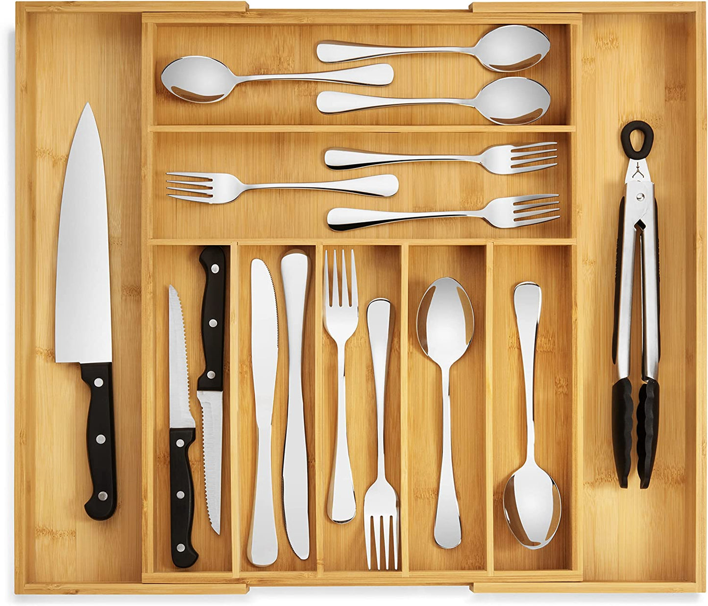 Bamboo Drawer Organizer - Expandable Silverware Organizer & Utensil Drawer Organizer, Cutlery Tray with Dividers, 7-9 Slots- Premium Kitchen Drawer Organizer for Utensils & Flatware (Natural)