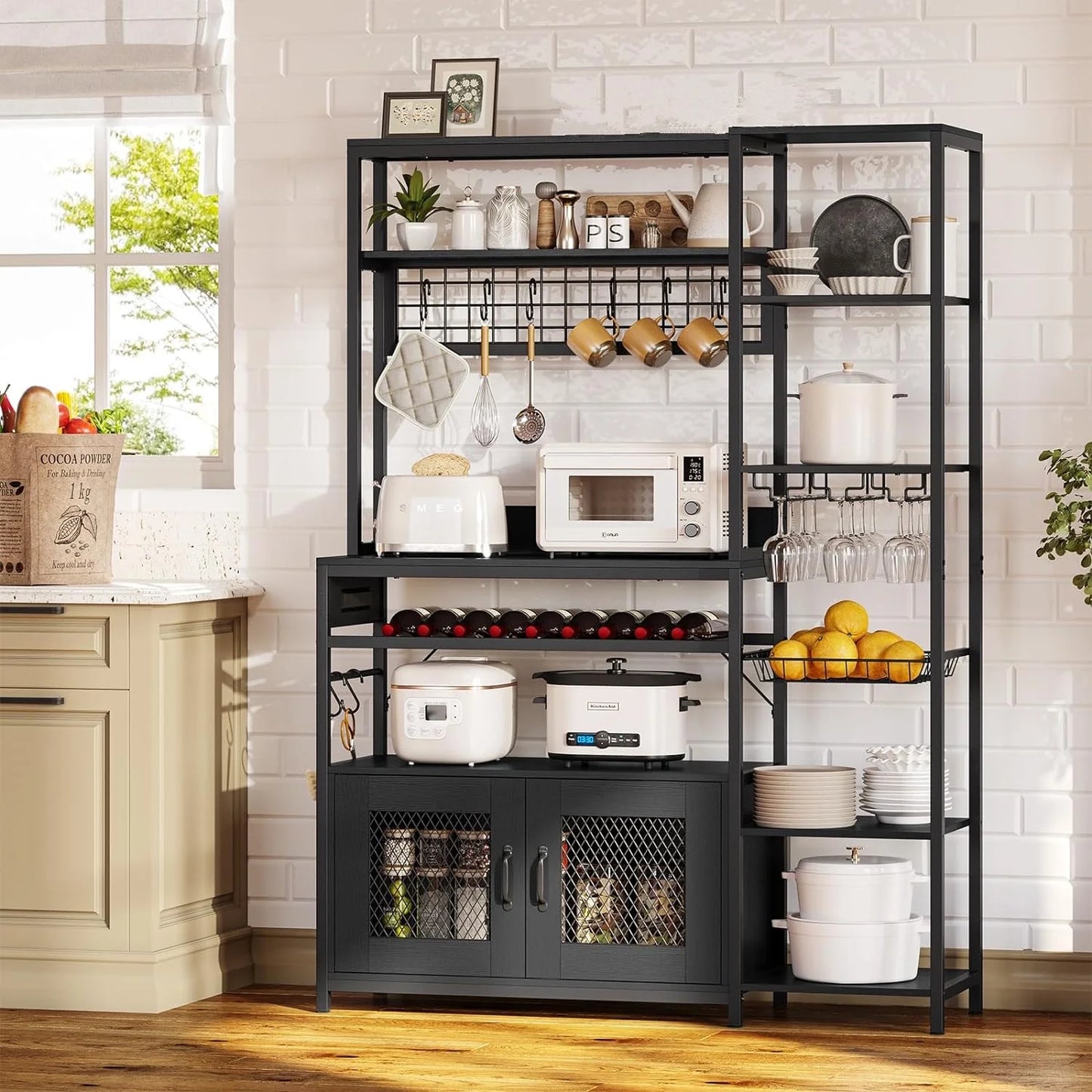 Bakers Rack Microwave Stand Coffee Bar with Power Outlet&Storage Shelf&Cabinet&Hooks for Kitchen Living Room,Black