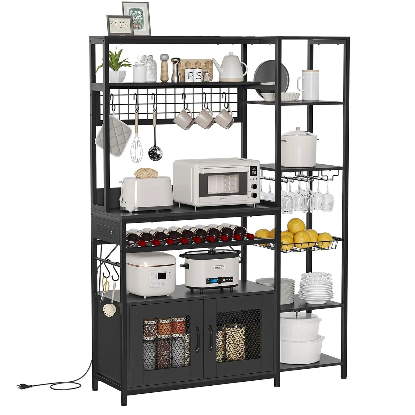 Bakers Rack Microwave Stand Coffee Bar with Power Outlet&Storage Shelf&Cabinet&Hooks for Kitchen Living Room,Black