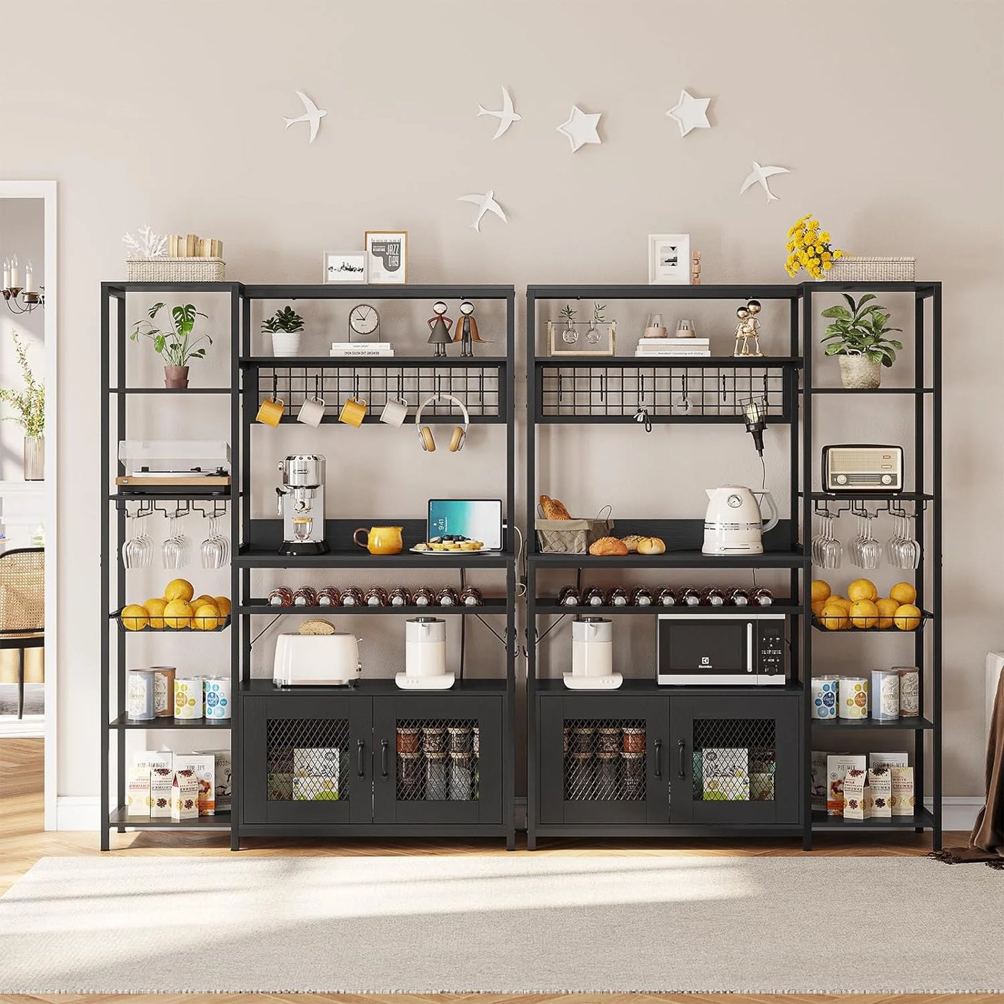 Bakers Rack Microwave Stand Coffee Bar with Power Outlet&Storage Shelf&Cabinet&Hooks for Kitchen Living Room,Black