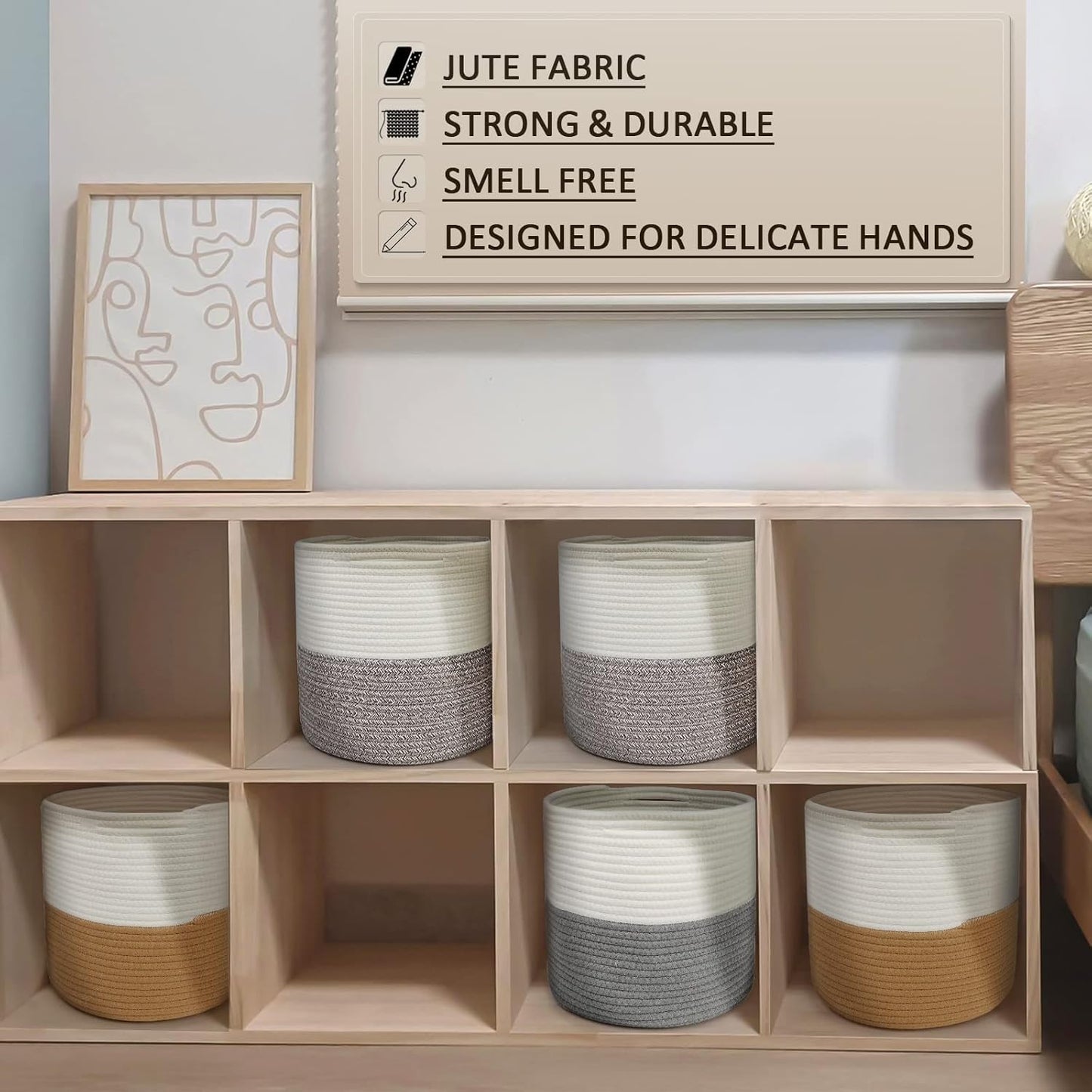 Storage Baskets Bins, 3 Packs Woven Cube Storage Bins for Toys 11X11 Inch, Cotton Rope Baskets Organizing Nursery,Laundry,Clothes,Cosmetics,Books (Jute/White)