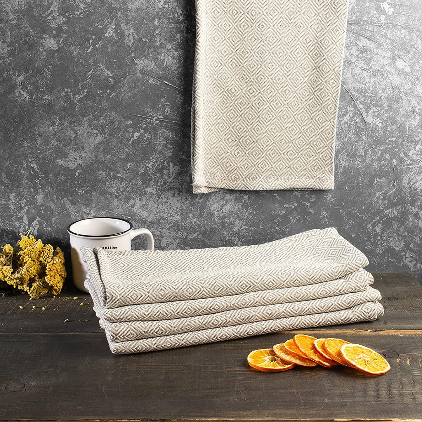 Turkish Hand Towels Grey | 5-Pack Bulk Cotton Kitchen Dish Towels for Drying Dishes | Absorbent Dishcloths for Kitchen | Tea Towels for Kitchen | Bar Rags | Bar Towels | Diamond Pattern