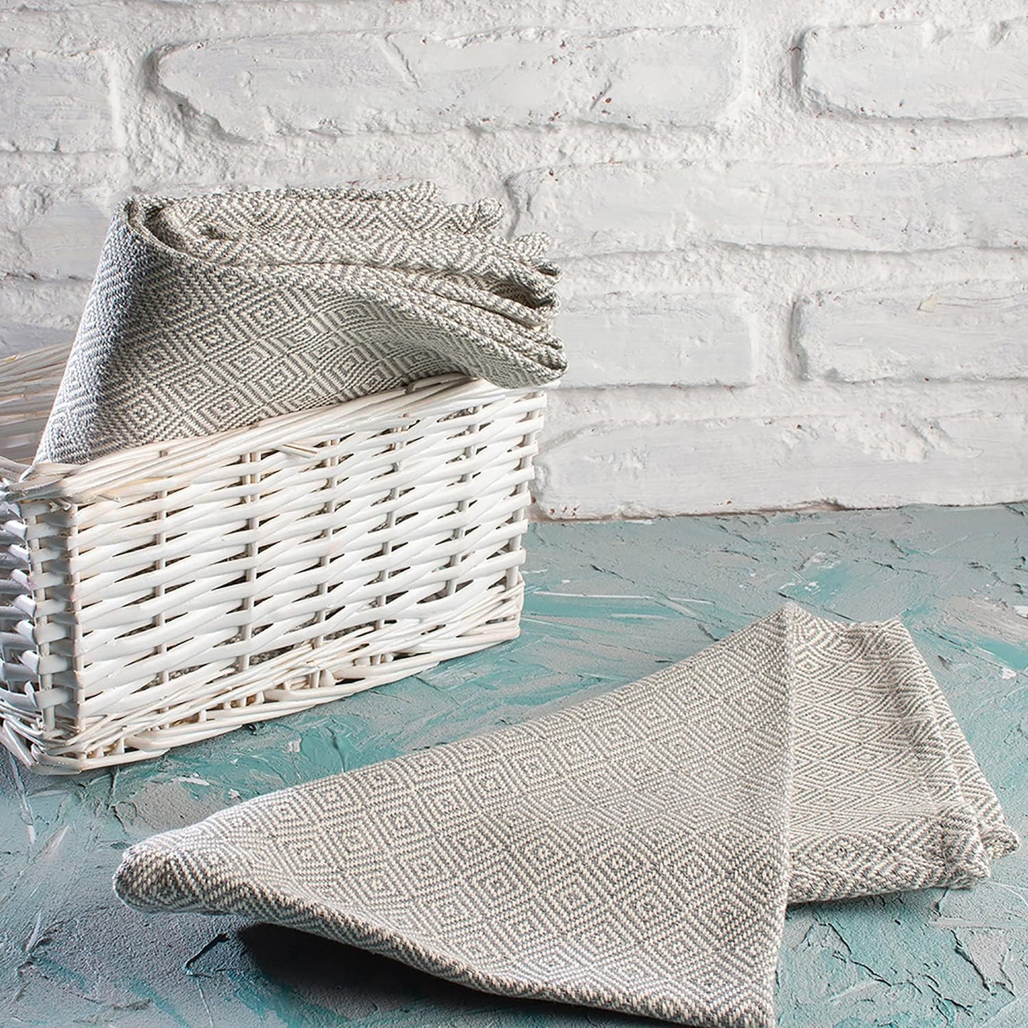 Turkish Hand Towels Grey | 5-Pack Bulk Cotton Kitchen Dish Towels for Drying Dishes | Absorbent Dishcloths for Kitchen | Tea Towels for Kitchen | Bar Rags | Bar Towels | Diamond Pattern
