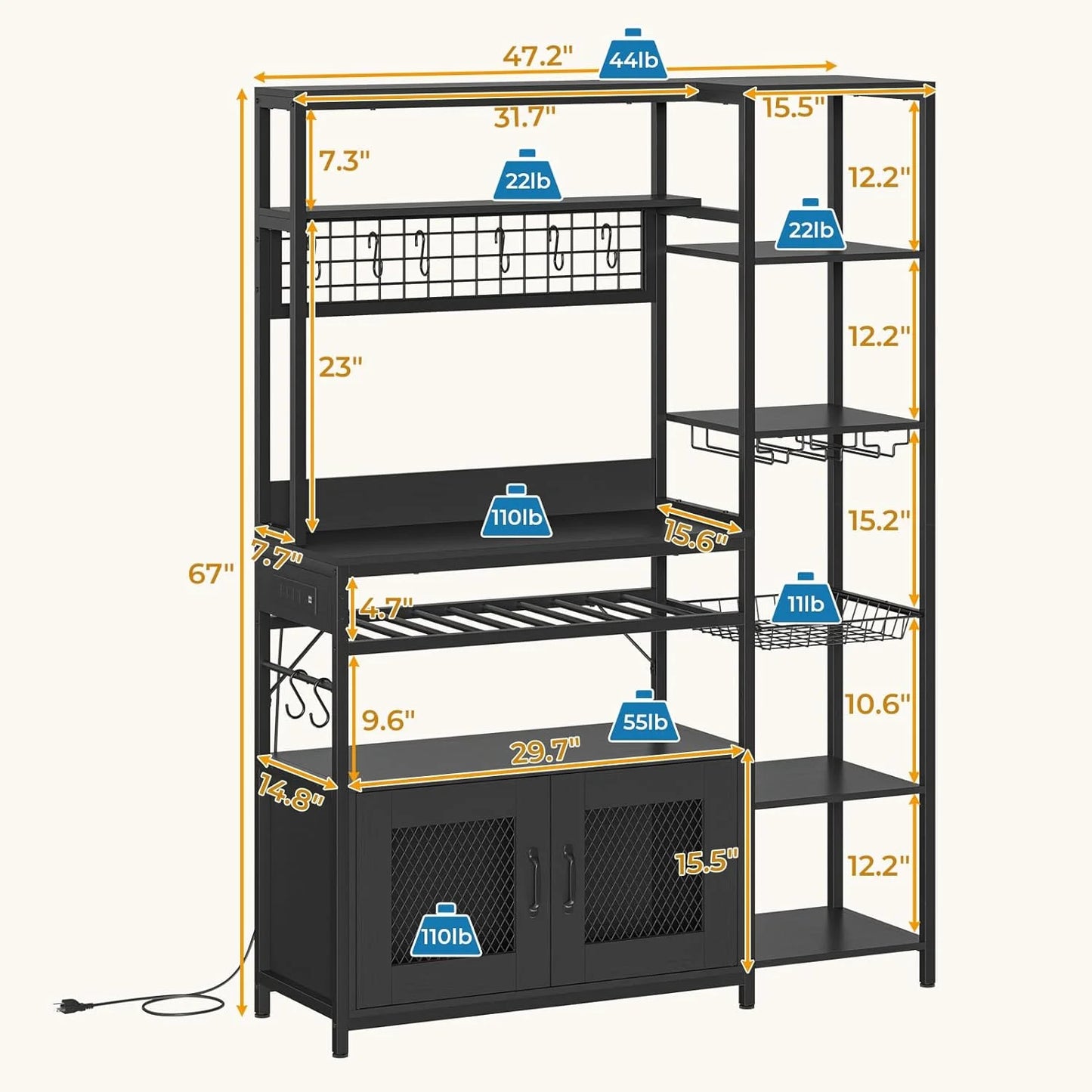 Bakers Rack Microwave Stand Coffee Bar with Power Outlet&Storage Shelf&Cabinet&Hooks for Kitchen Living Room,Black