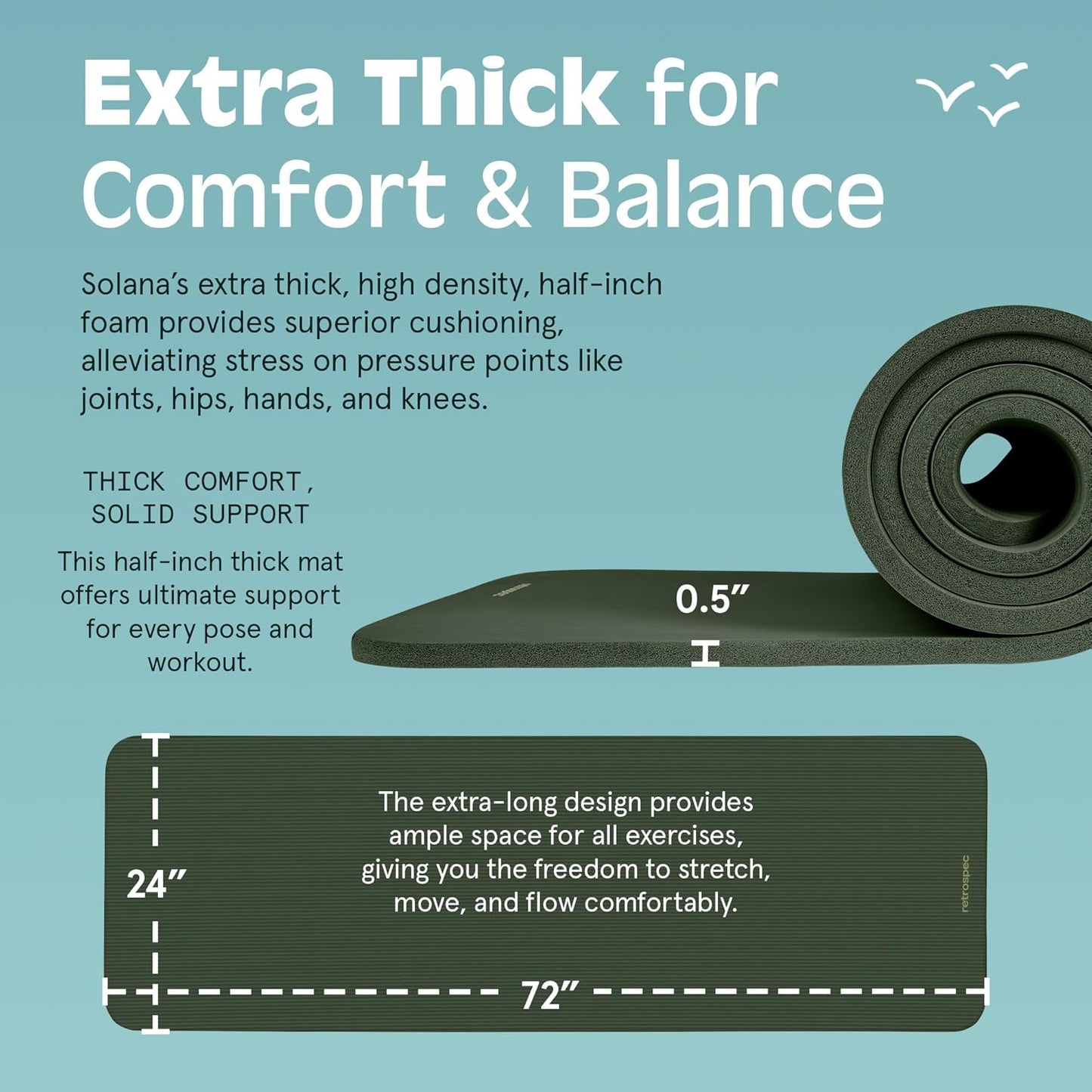 Solana 1/2" Thick Non-Slip Yoga Mat with Nylon Strap for Men and Women - Ideal for Yoga, Pilates, Stretching, and Fitness Workouts