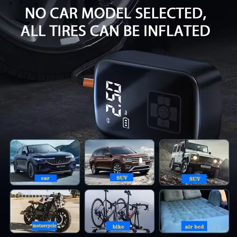 Wireless Car Air Compressor - Electric Tire Inflator Pump for Motorcycles, Bicycles, Boats, and Inflatable Balls