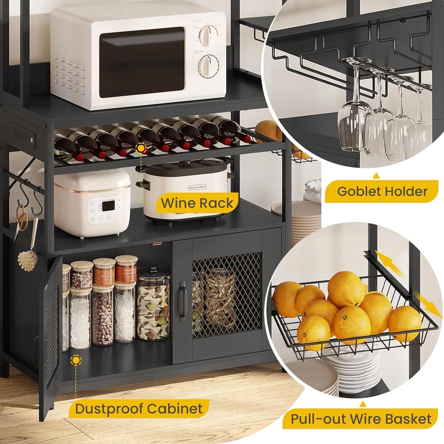 Bakers Rack Microwave Stand Coffee Bar with Power Outlet&Storage Shelf&Cabinet&Hooks for Kitchen Living Room,Black