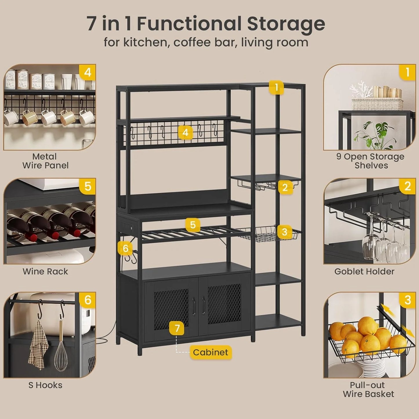 Bakers Rack Microwave Stand Coffee Bar with Power Outlet&Storage Shelf&Cabinet&Hooks for Kitchen Living Room,Black