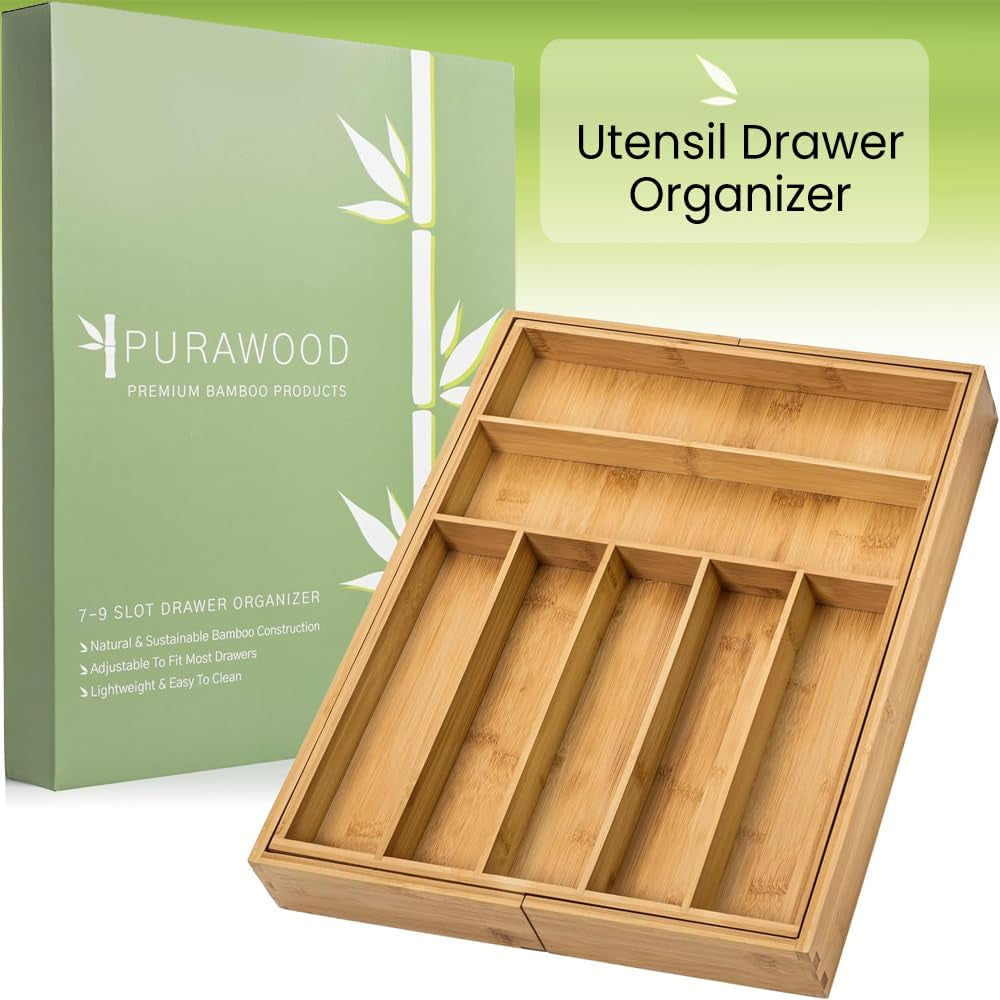 Bamboo Drawer Organizer - Expandable Silverware Organizer & Utensil Drawer Organizer, Cutlery Tray with Dividers, 7-9 Slots- Premium Kitchen Drawer Organizer for Utensils & Flatware (Natural)