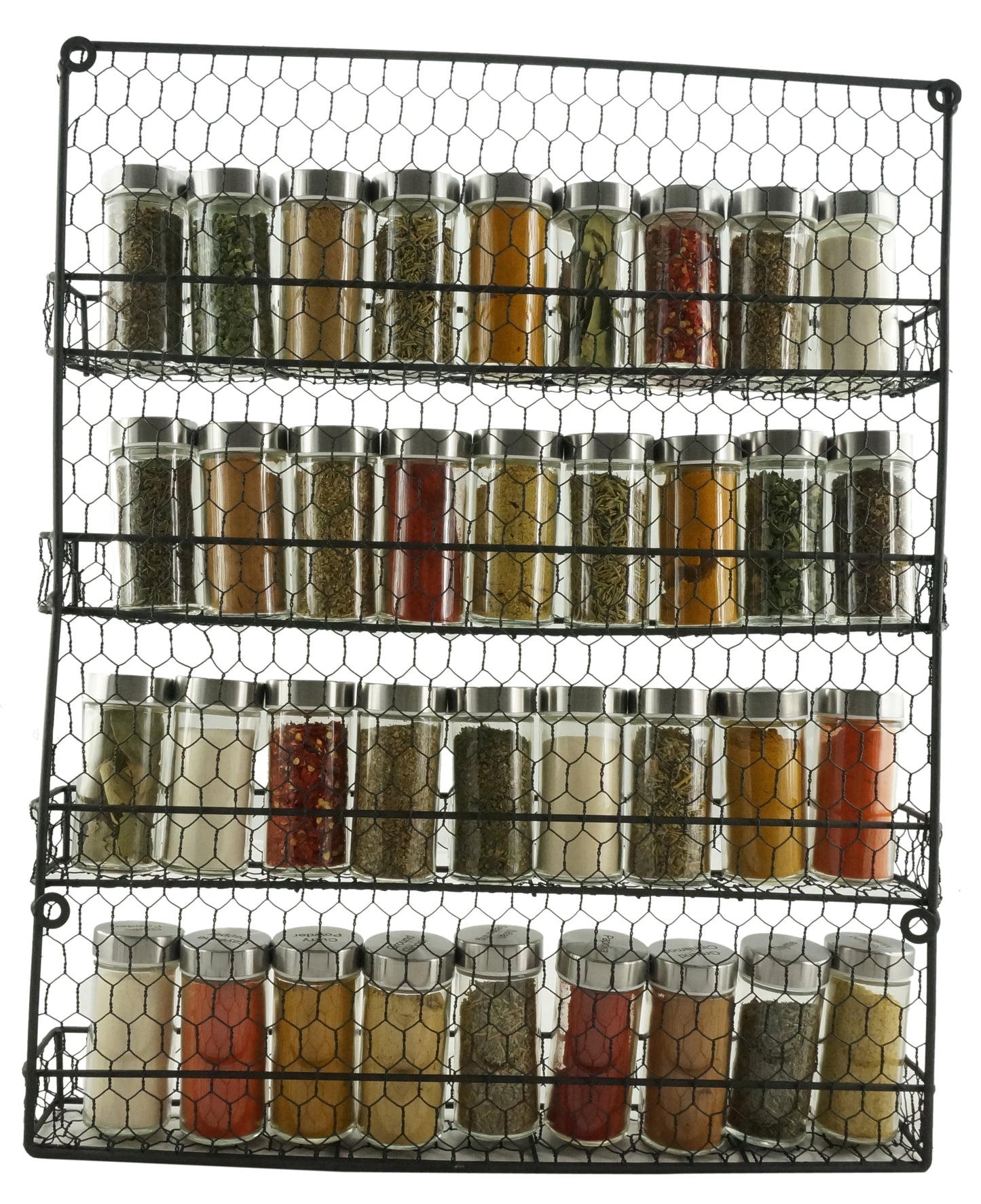 4 Tier Metal Spice Wall Mount Rack Organizer Pantry Cabinet Hanging Herbs Seasoning Jars Storage Closet Door Cupboard Mounted Holder Black. Dims: 21"Hx17.5"Lx3"W
