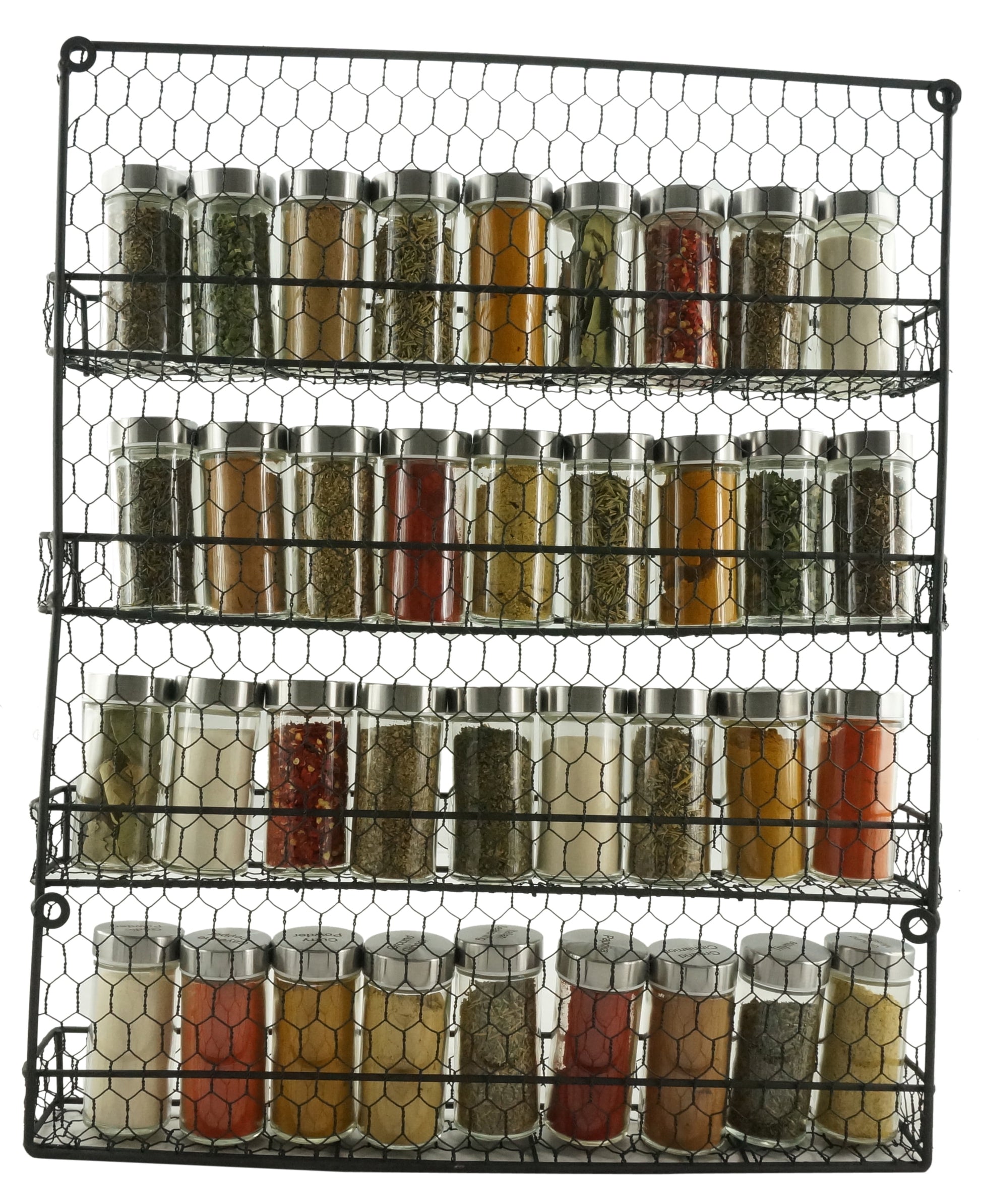 4 Tier Metal Spice Wall Mount Rack Organizer Pantry Cabinet Hanging Herbs Seasoning Jars Storage Closet Door Cupboard Mounted Holder Black. Dims: 21"Hx17.5"Lx3"W