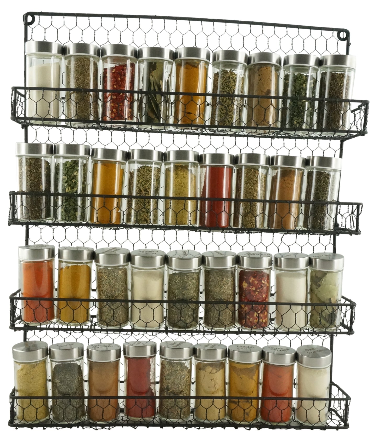 4 Tier Metal Spice Wall Mount Rack Organizer Pantry Cabinet Hanging Herbs Seasoning Jars Storage Closet Door Cupboard Mounted Holder Black. Dims: 21"Hx17.5"Lx3"W
