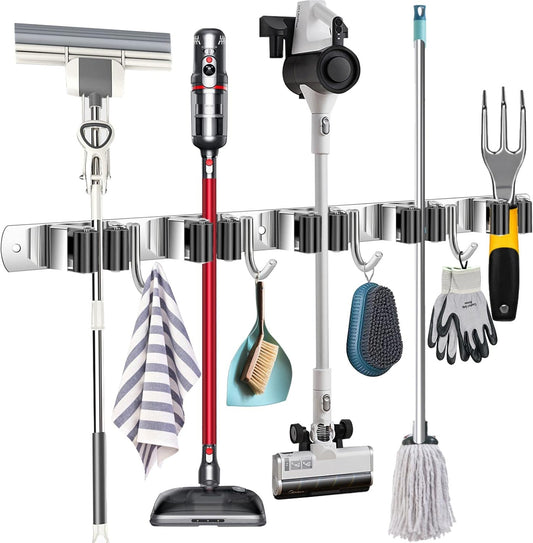 Heavy Duty Metal Mop and Broom Holder, Rust Proof, 5 Racks, 4 Hooks, Sturdy Stainless Steel, Space Saving, Easy Installation, Multi-Functional, After-Sale Service