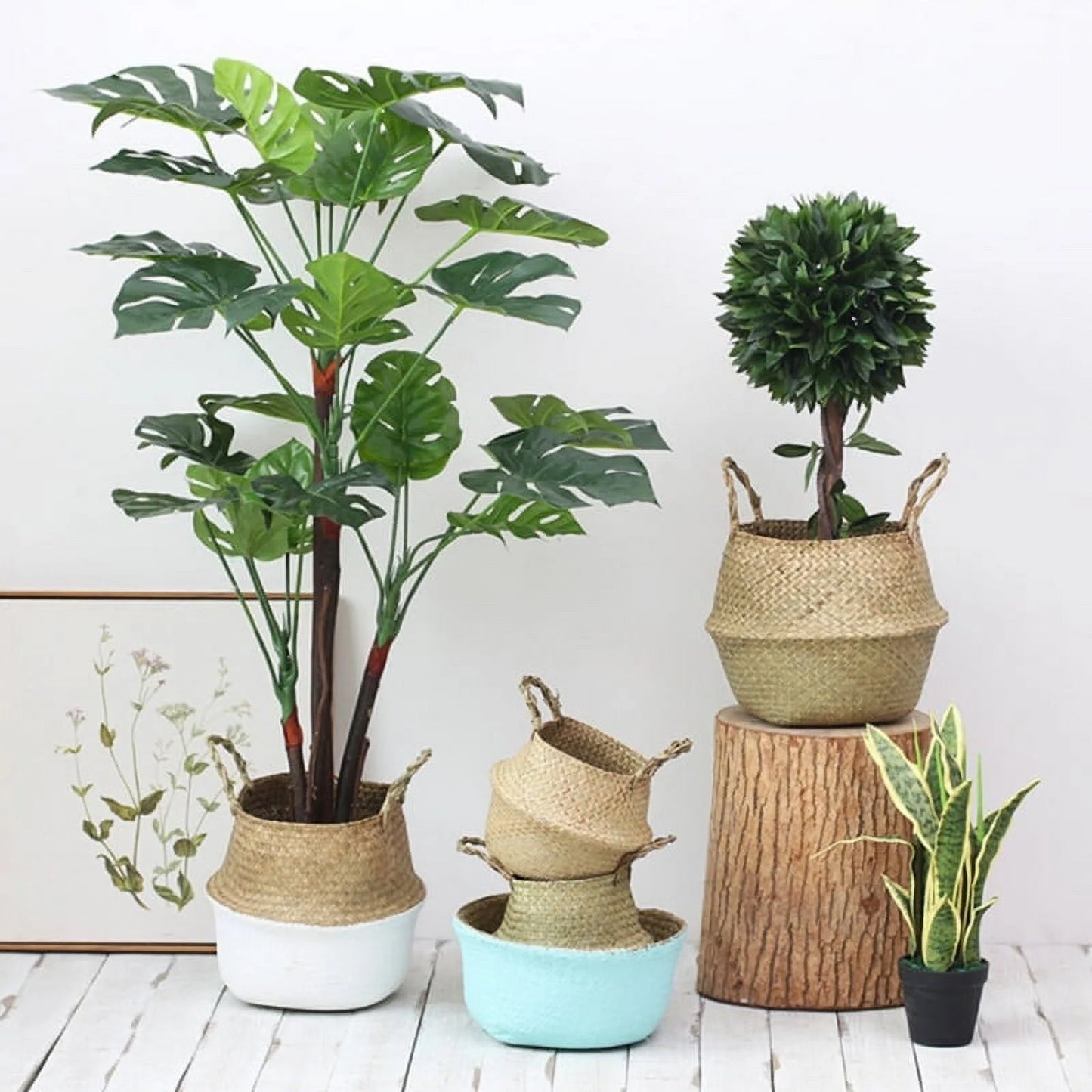 Clearance! Handmade Flower Basket Foldable Wickerwork Storage Basket Hanging Decorative Baskets Garden Flower Pot Rattan Planter Seagrass Home Storage Decor Basket