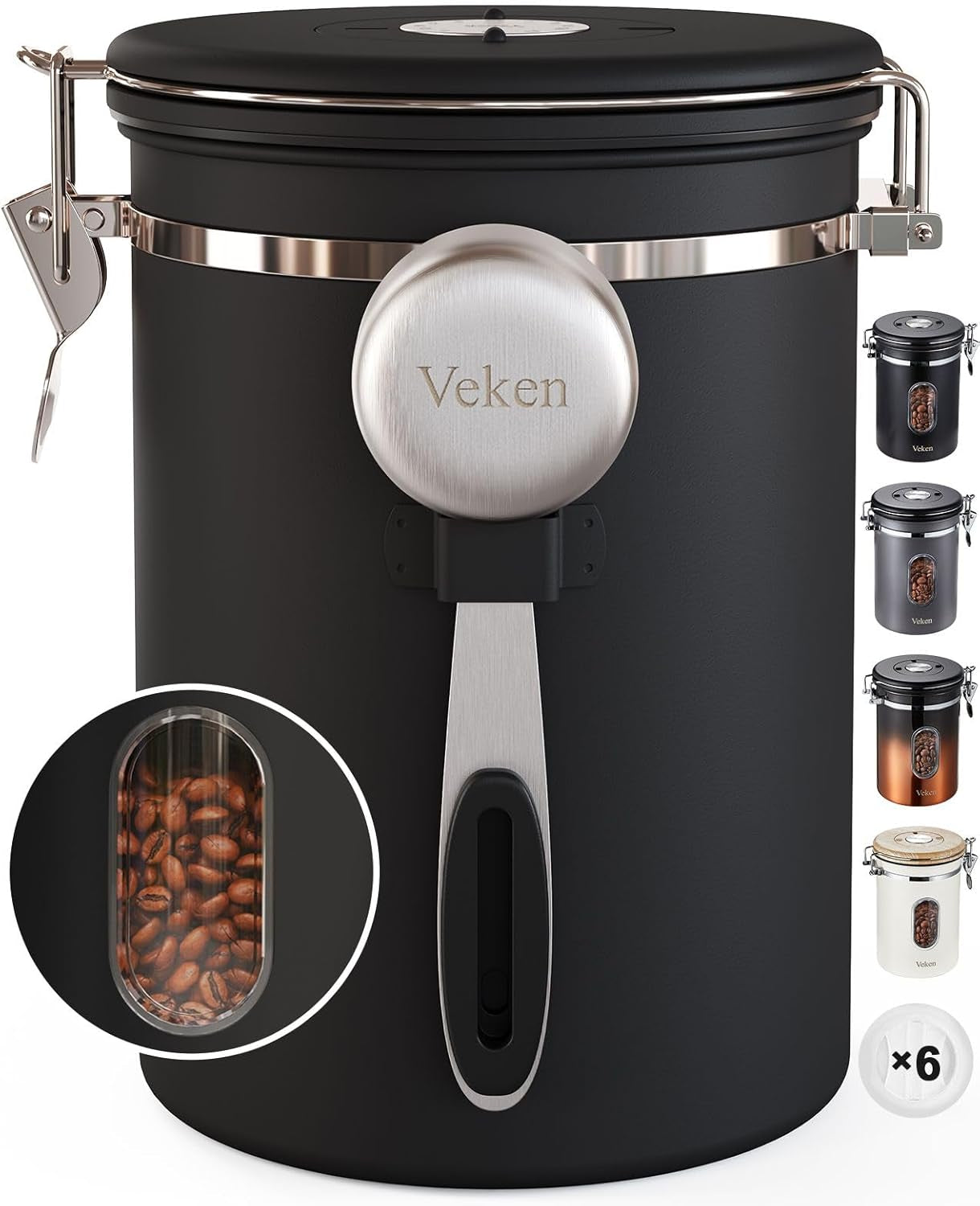 Coffee Canister with Window, Airtight Stainless Steel Kitchen Food Storage Container, Date Tracker and Scoop for Grounds Coffee Bar Accessories, Beans, Tea, Sugar, Flour, Cereal, 22OZ, Black