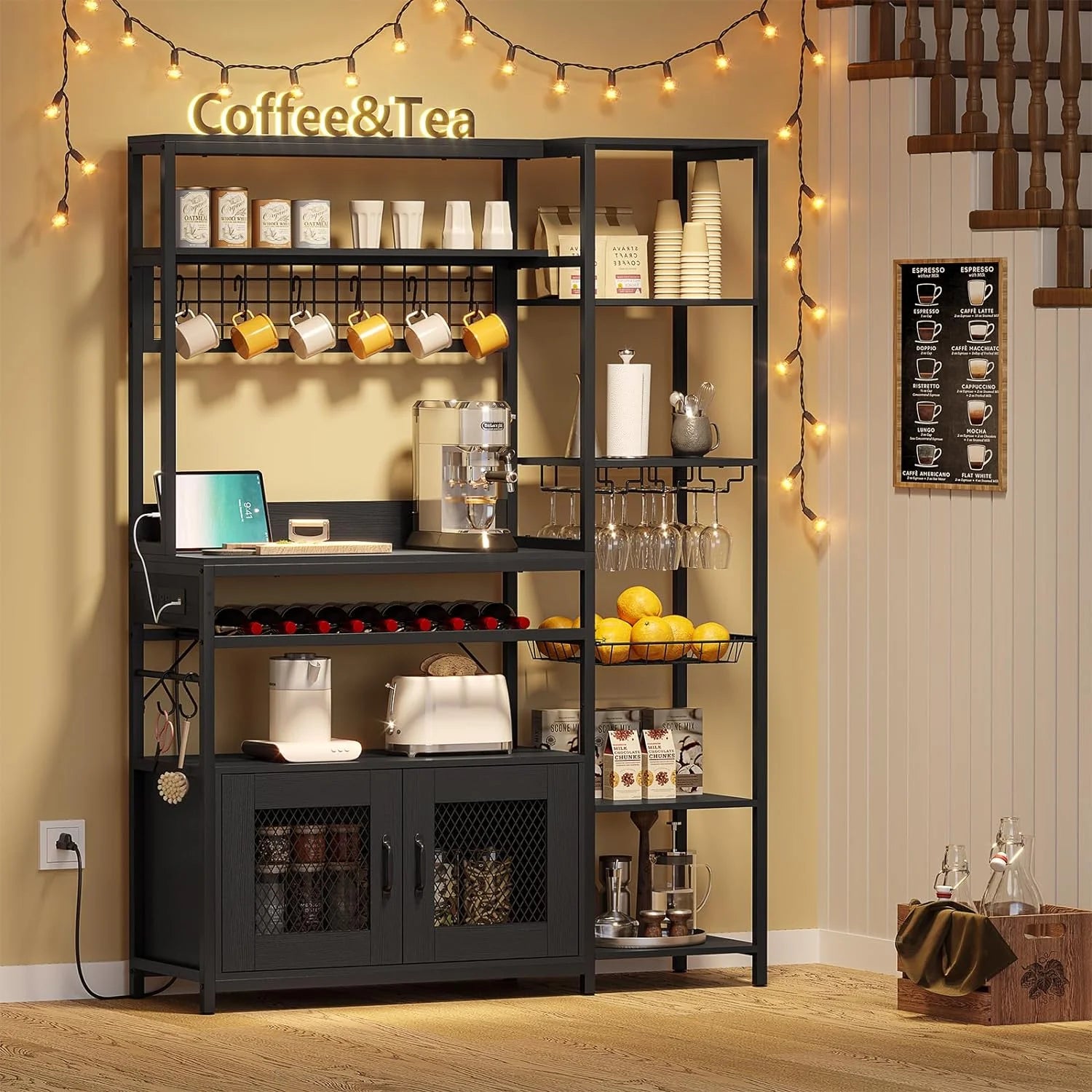 Bakers Rack Microwave Stand Coffee Bar with Power Outlet&Storage Shelf&Cabinet&Hooks for Kitchen Living Room,Black