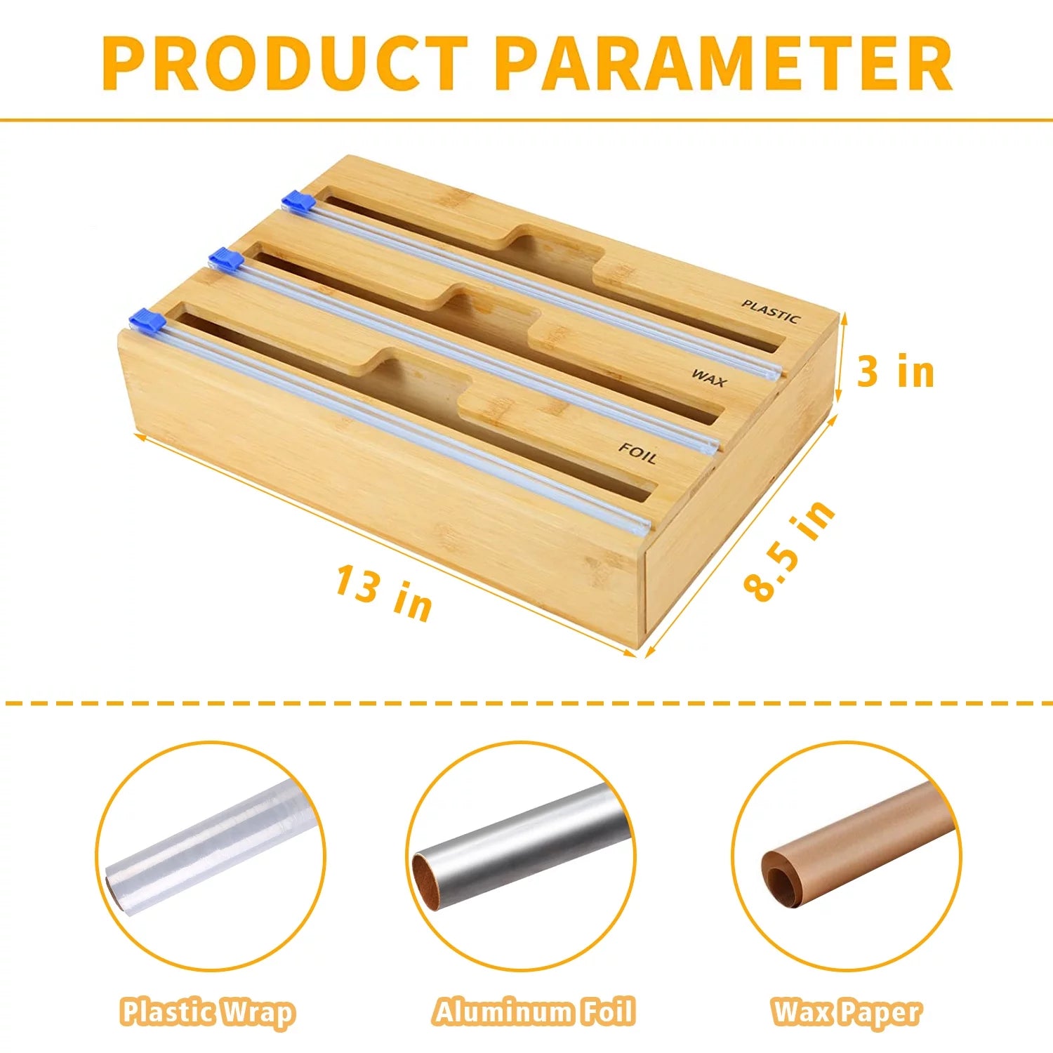 Plastic Wrap Dispenser with Cutter, 3 in 1 Bamboo Plastic Wrap Foil and Wax Paper Organizer and Dispenser for Kitchen Drawer, Wall Mount Holder (3 Slots)