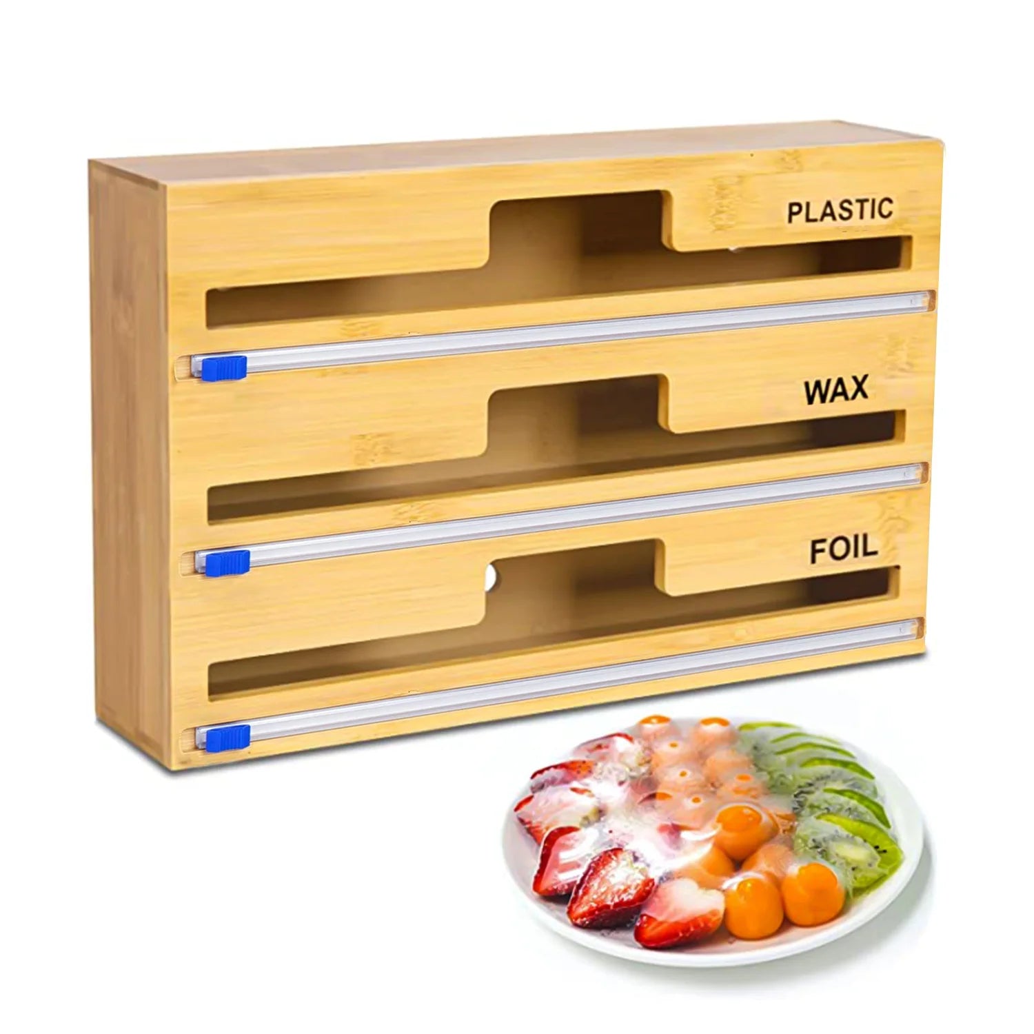 Plastic Wrap Dispenser with Cutter, 3 in 1 Bamboo Plastic Wrap Foil and Wax Paper Organizer and Dispenser for Kitchen Drawer, Wall Mount Holder (3 Slots)