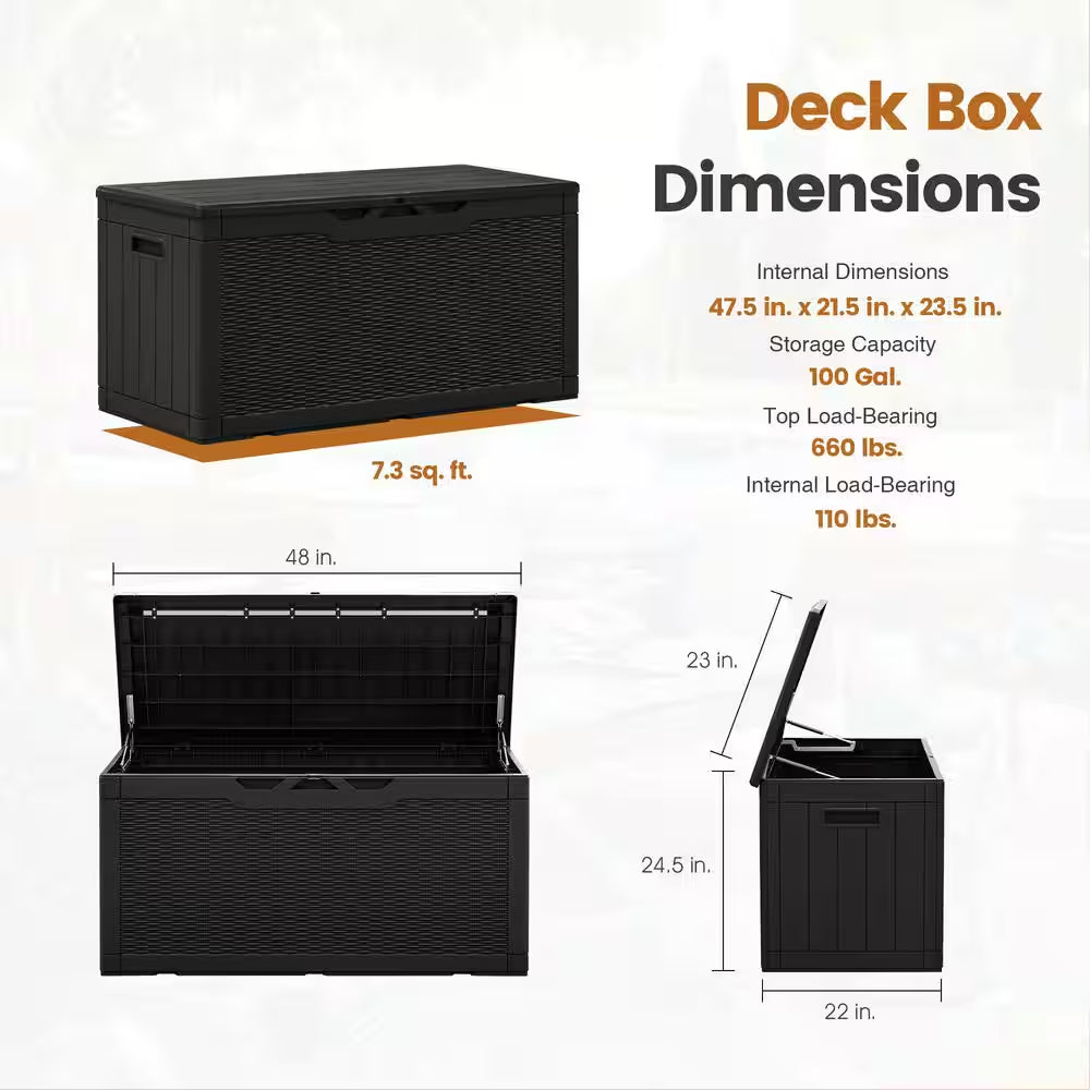 100 Gal. Fusion Style Deck Box Black Outdoor Resin Storage Box