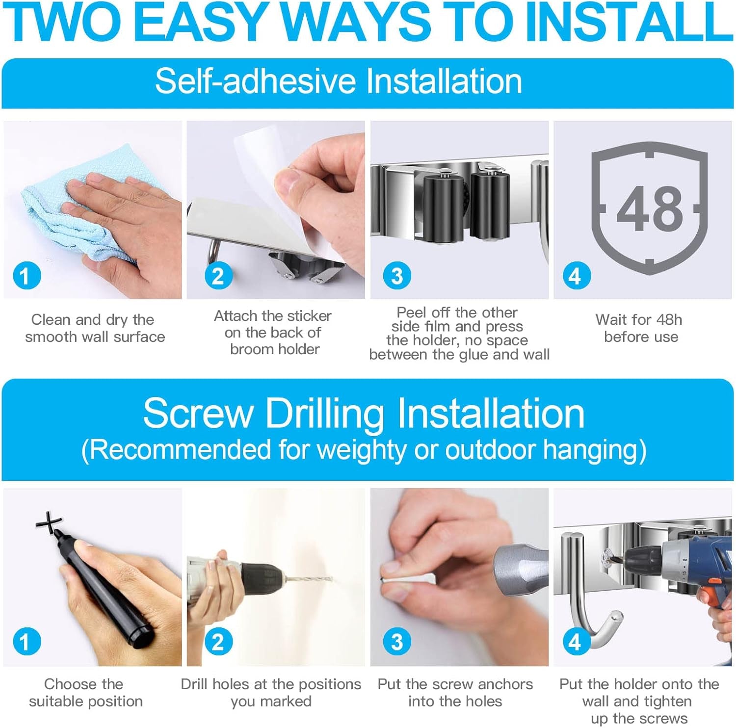 Heavy Duty Metal Mop and Broom Holder, Rust Proof, 5 Racks, 4 Hooks, Sturdy Stainless Steel, Space Saving, Easy Installation, Multi-Functional, After-Sale Service