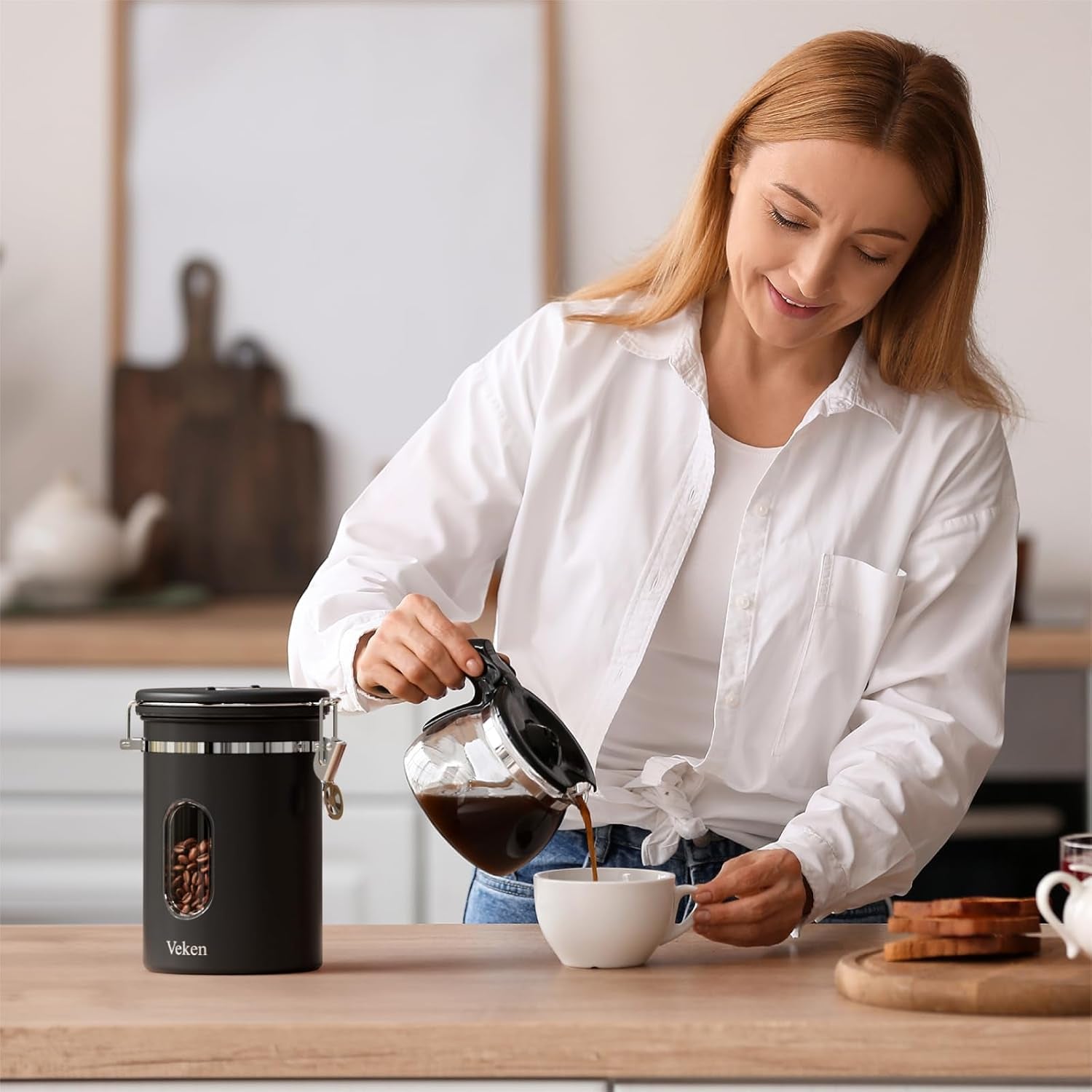Coffee Canister with Window, Airtight Stainless Steel Kitchen Food Storage Container, Date Tracker and Scoop for Grounds Coffee Bar Accessories, Beans, Tea, Sugar, Flour, Cereal, 22OZ, Black