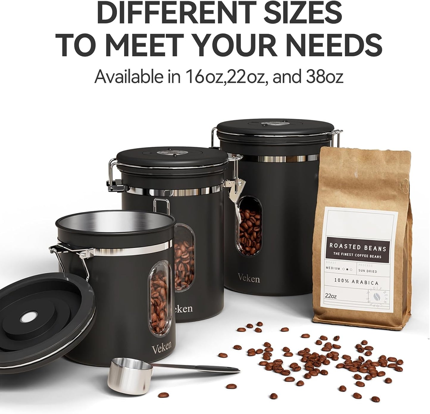Coffee Canister with Window, Airtight Stainless Steel Kitchen Food Storage Container, Date Tracker and Scoop for Grounds Coffee Bar Accessories, Beans, Tea, Sugar, Flour, Cereal, 22OZ, Black