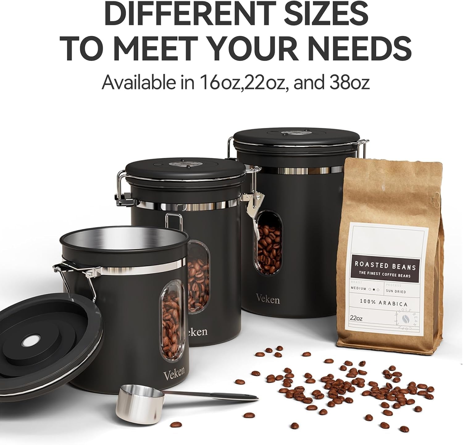 Coffee Canister with Window, Airtight Stainless Steel Kitchen Food Storage Container, Date Tracker and Scoop for Grounds Coffee Bar Accessories, Beans, Tea, Sugar, Flour, Cereal, 22OZ, Black