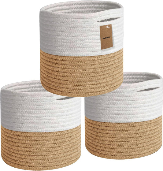 Storage Baskets Bins, 3 Packs Woven Cube Storage Bins for Toys 11X11 Inch, Cotton Rope Baskets Organizing Nursery,Laundry,Clothes,Cosmetics,Books (Jute/White)