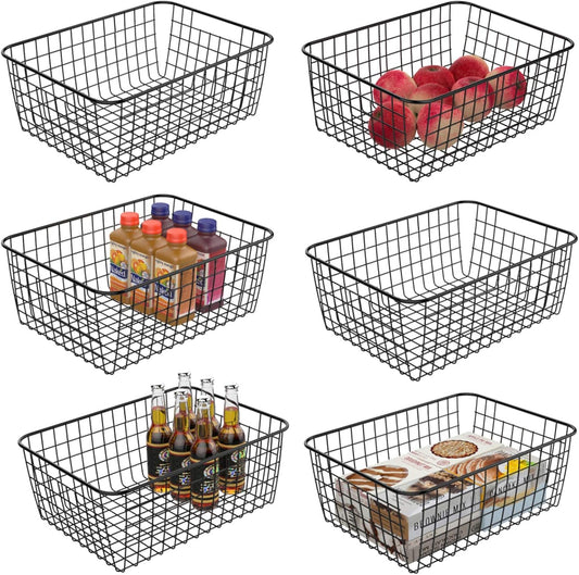 Wire Storage Basket,  6 Pack Metal Wire Baskets Large Pantry Storage Organization Baskets with Handles, Freezer Baskets Bins for Kitchen Pantry Shelf Laundry Cabinet Garage, Black
