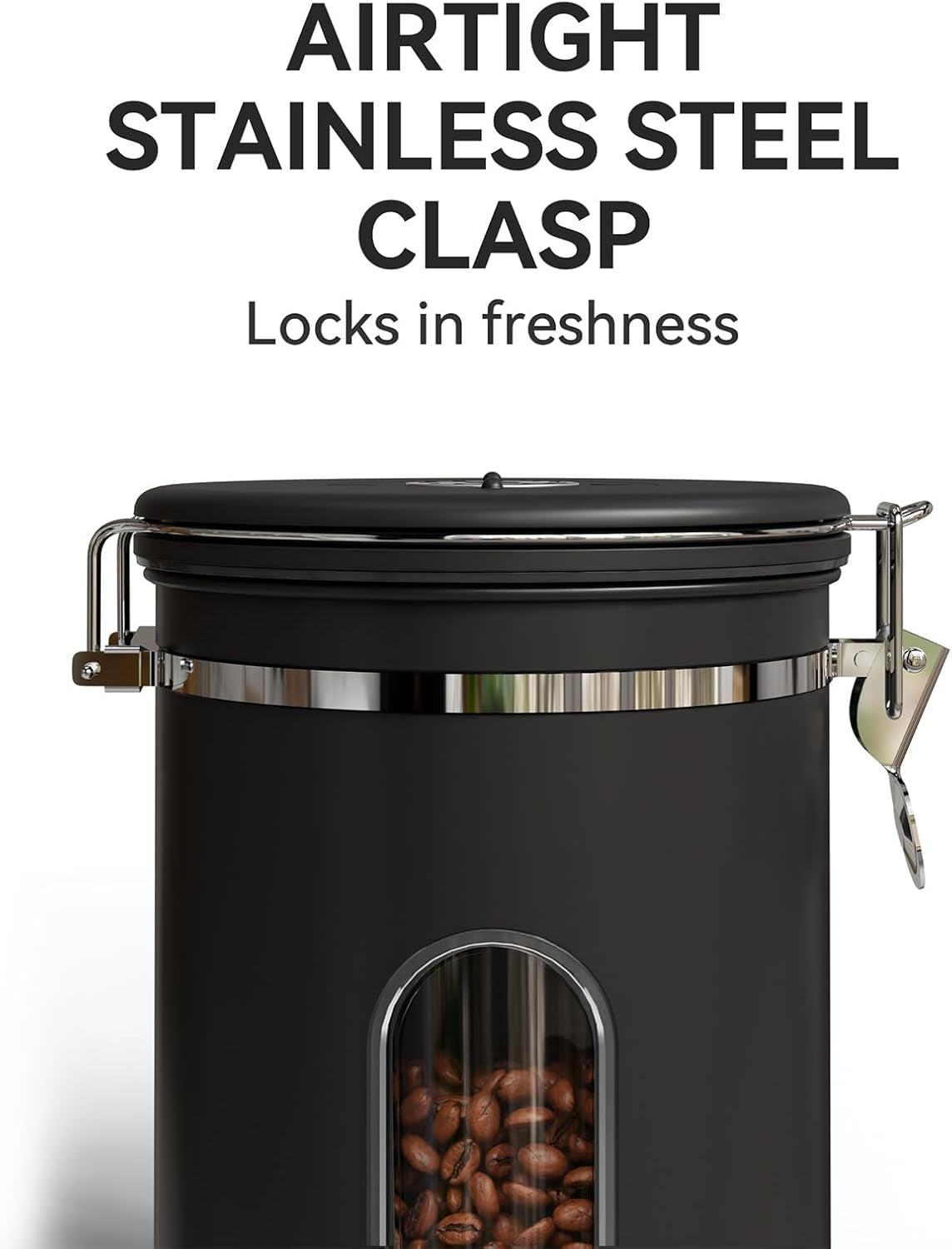 Coffee Canister with Window, Airtight Stainless Steel Kitchen Food Storage Container, Date Tracker and Scoop for Grounds Coffee Bar Accessories, Beans, Tea, Sugar, Flour, Cereal, 22OZ, Black
