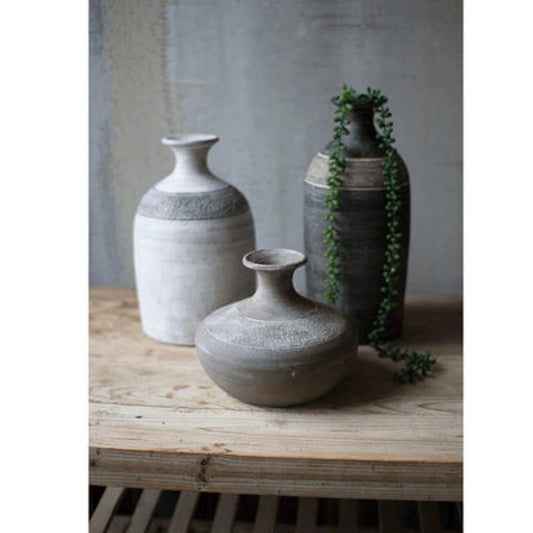 Handcrafted Set of Three Black, Grey, and White Clay Vessels