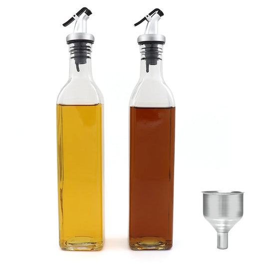 Olive Oil Dispenser Bottles - 2 Pack of 17 Oz Glass Cooking Oil and Vinegar Cruet No Drip with Stainless Steel Funnel