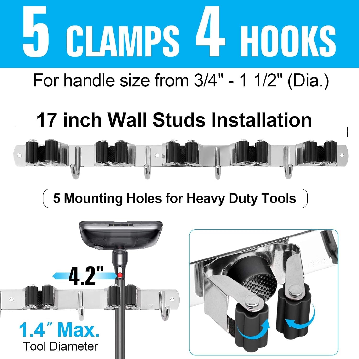 Heavy Duty Metal Mop and Broom Holder, Rust Proof, 5 Racks, 4 Hooks, Sturdy Stainless Steel, Space Saving, Easy Installation, Multi-Functional, After-Sale Service